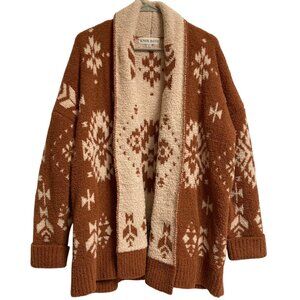 Women's KNOX ROSE Thick Soft Plush Aztec Print Cardigan Sweater BROWN Large